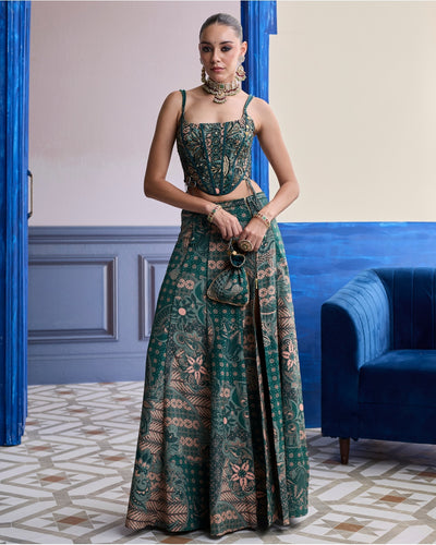 Teal Floral Corset With Tie-Up Detail & Panelled Slit Skirt Set