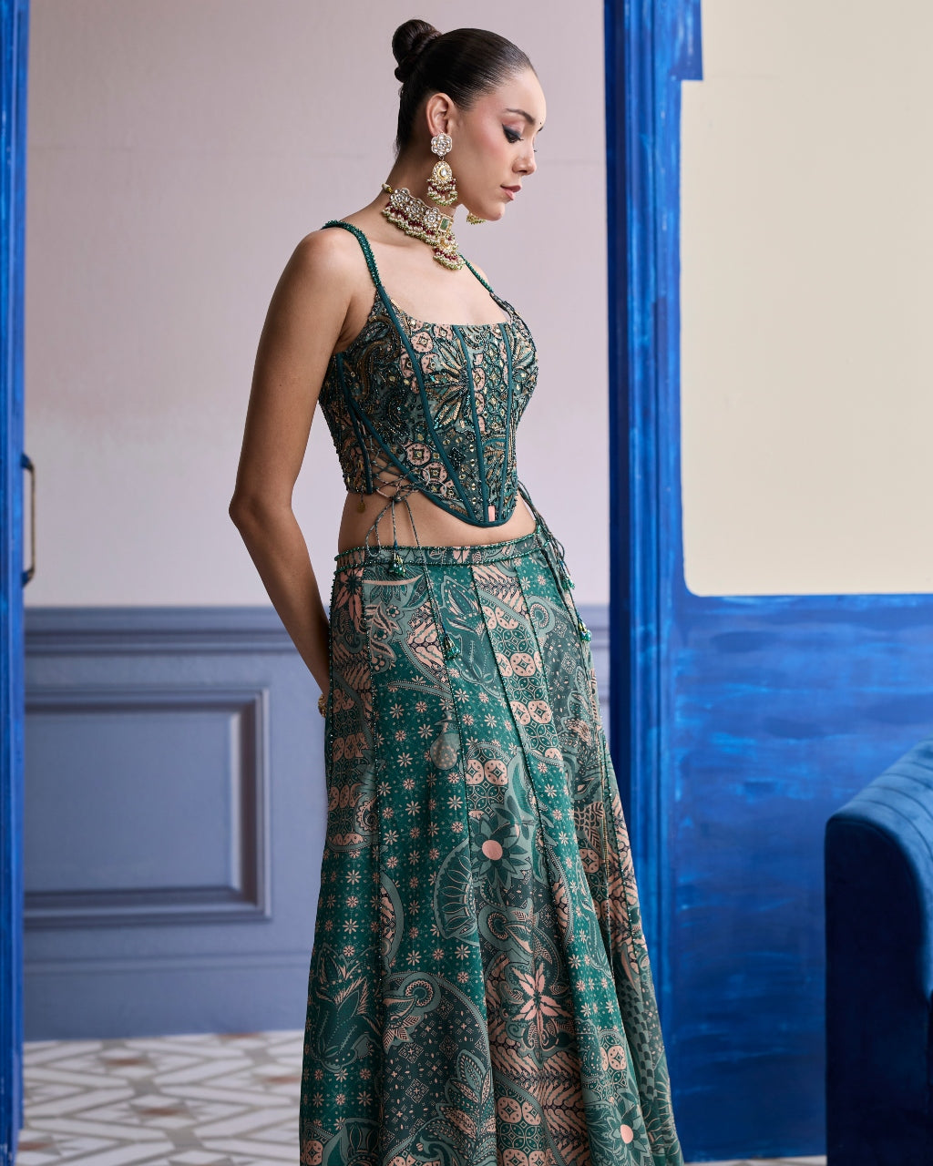 Teal Floral Corset With Tie-Up Detail & Panelled Slit Skirt Set