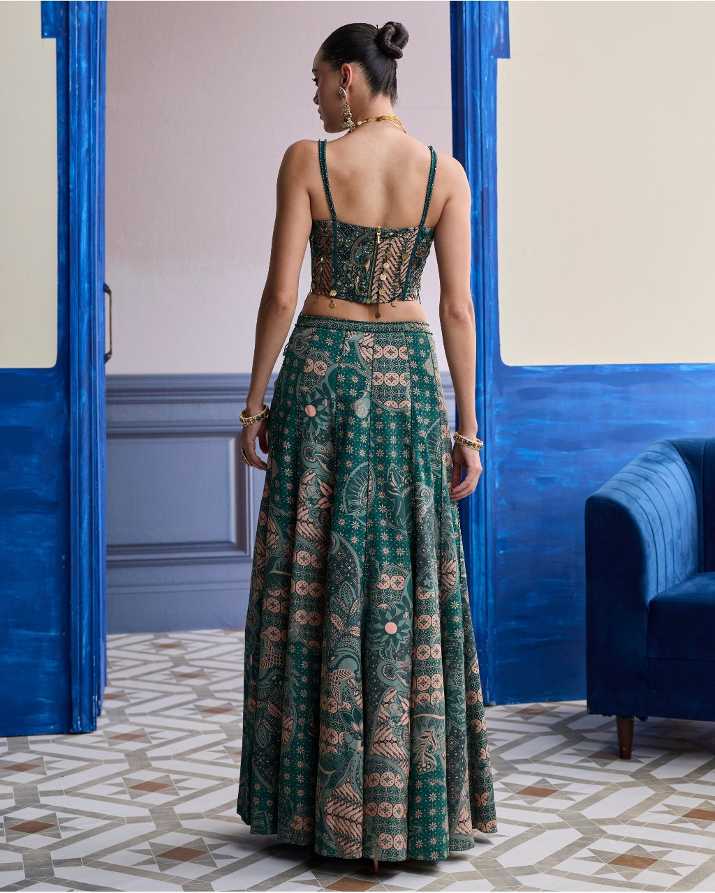 Teal Floral Corset With Tie-Up Detail & Panelled Slit Skirt Set