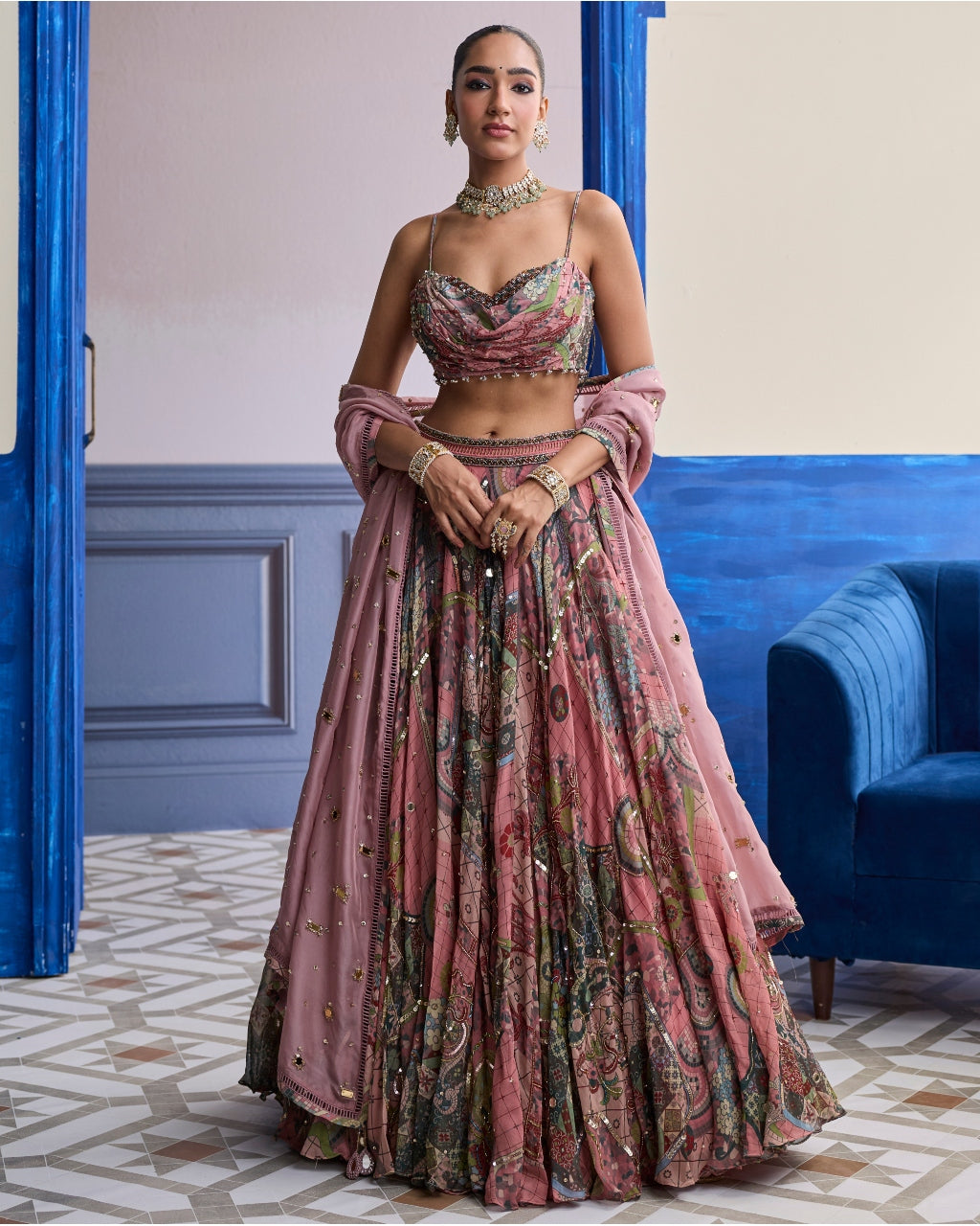 Dusk Pink Highlighted Blouse With Lehenga & Embroidered Dupatta Set