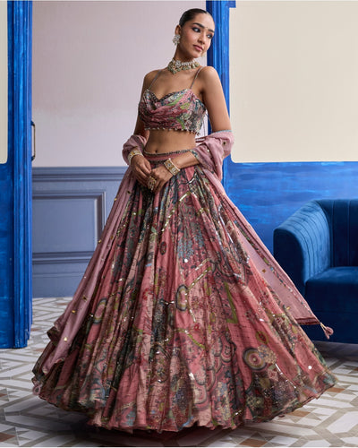 Dusk Pink Highlighted Blouse With Lehenga & Embroidered Dupatta Set