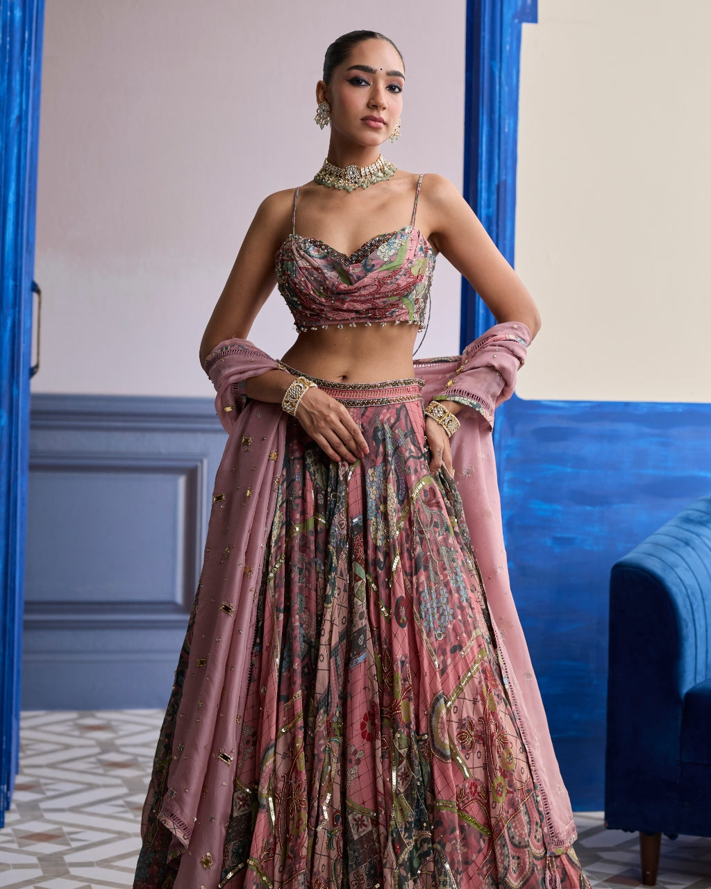 Dusk Pink Highlighted Blouse With Lehenga & Embroidered Dupatta Set
