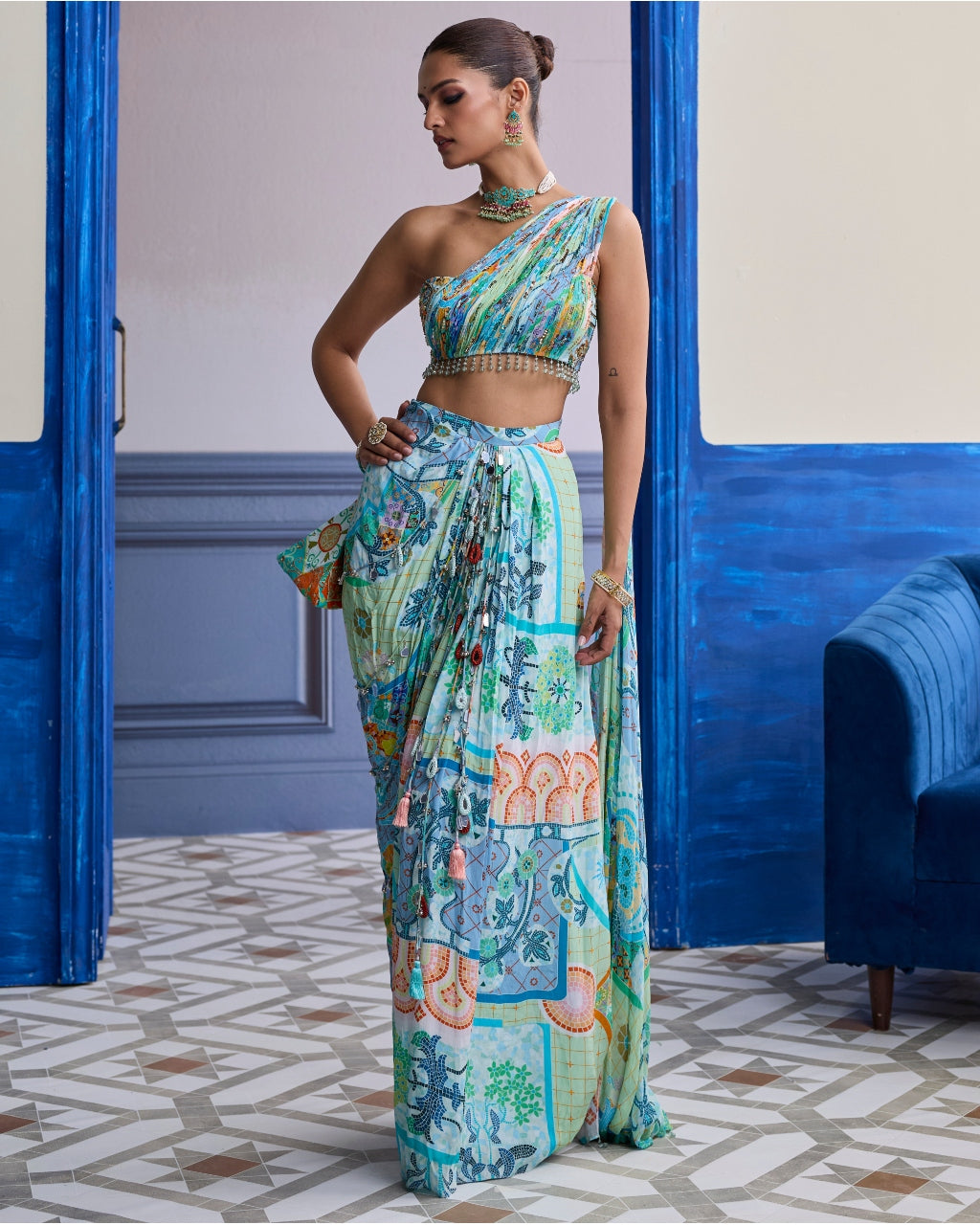 Aqua Blue Mosaic One-Shoulder Blouse With Cowl Dhoti Skirt Set
