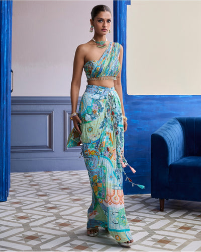 Aqua Blue Mosaic One-Shoulder Blouse With Cowl Dhoti Skirt Set