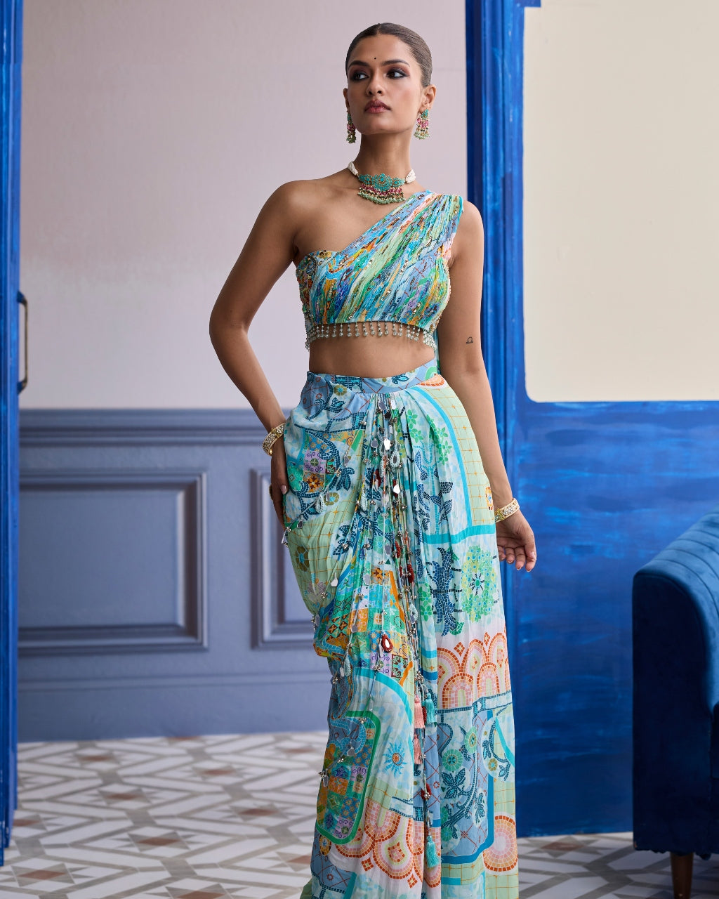 Aqua Blue Mosaic One-Shoulder Blouse With Cowl Dhoti Skirt Set