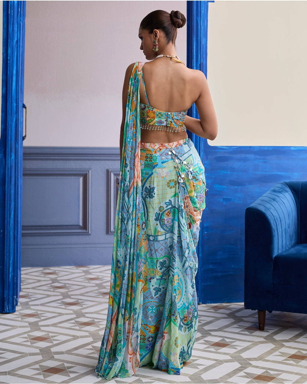 Aqua Blue Mosaic One-Shoulder Blouse With Cowl Dhoti Skirt Set