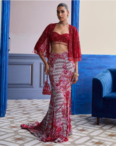 Red Embroidered Blouse With Tassel Cape Jacket & Mermaid Skirt Set