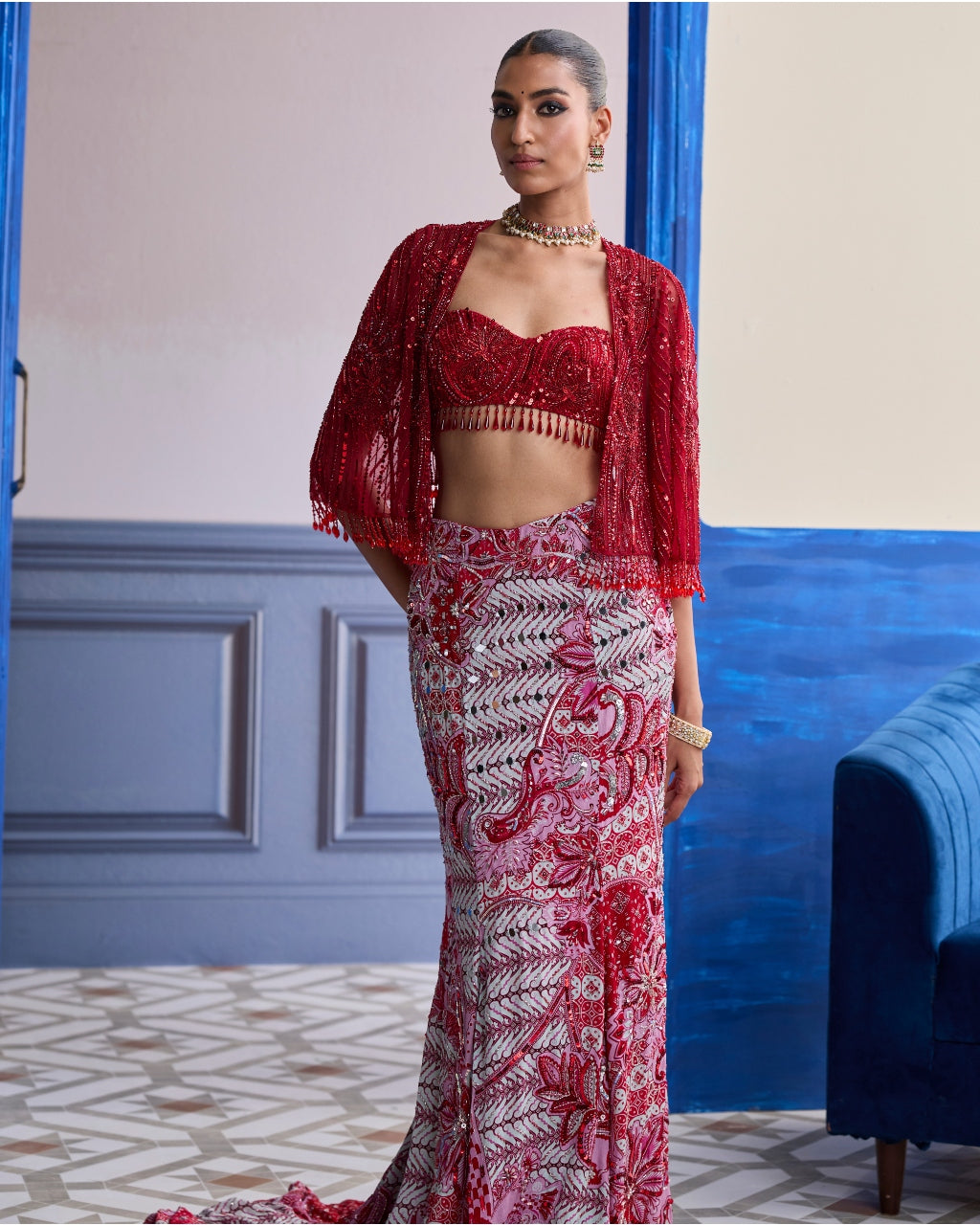 Red Embroidered Blouse With Tassel Cape Jacket & Mermaid Skirt Set