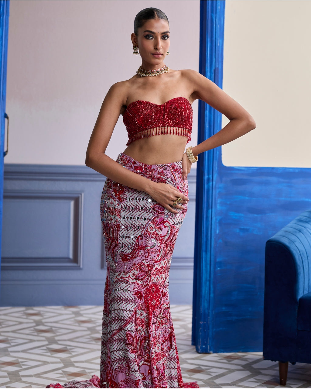 Red Embroidered Blouse With Tassel Cape Jacket & Mermaid Skirt Set