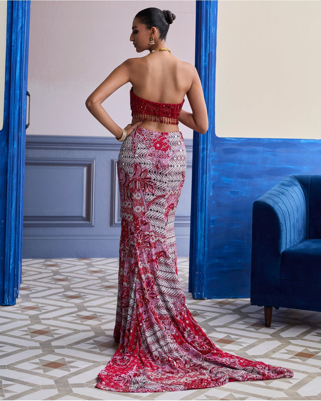 Red Embroidered Blouse With Tassel Cape Jacket & Mermaid Skirt Set