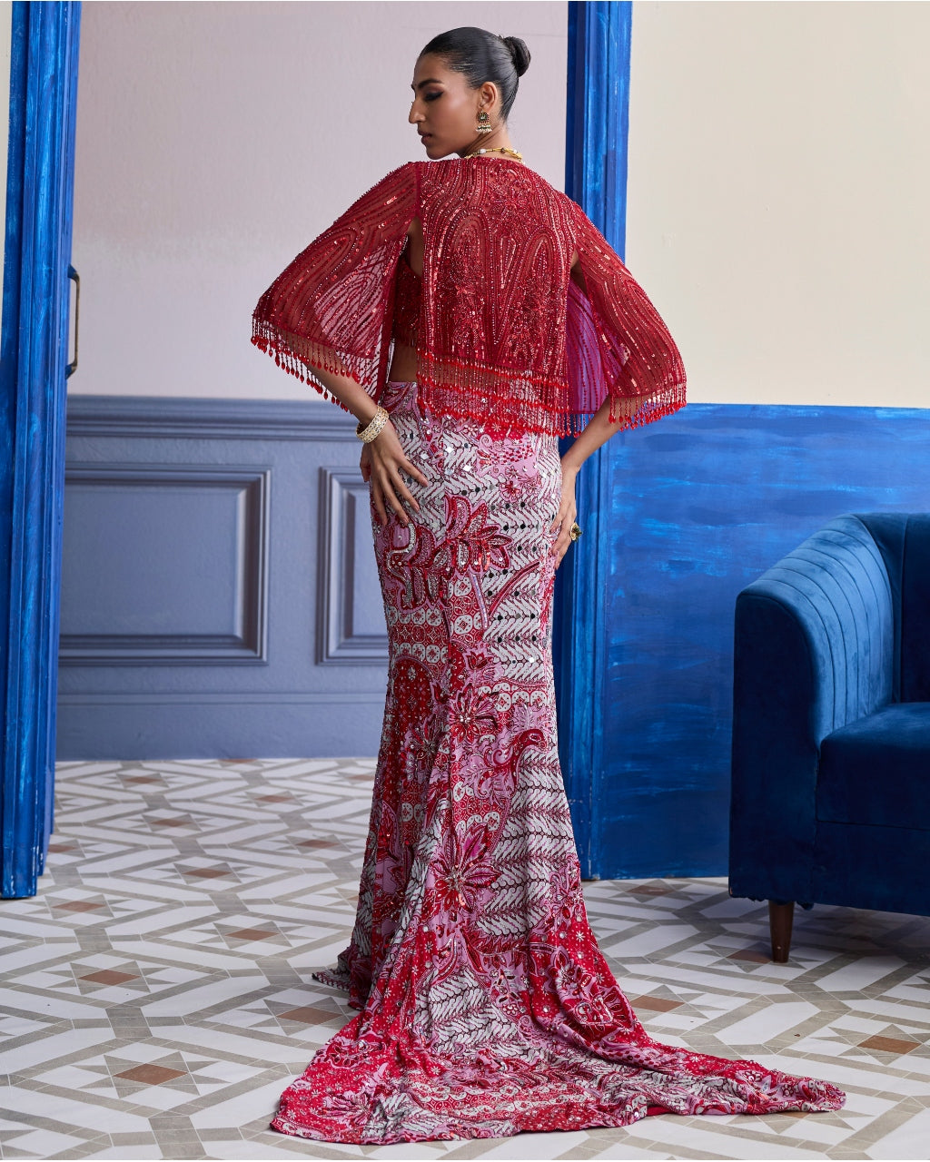 Red Embroidered Blouse With Tassel Cape Jacket & Mermaid Skirt Set
