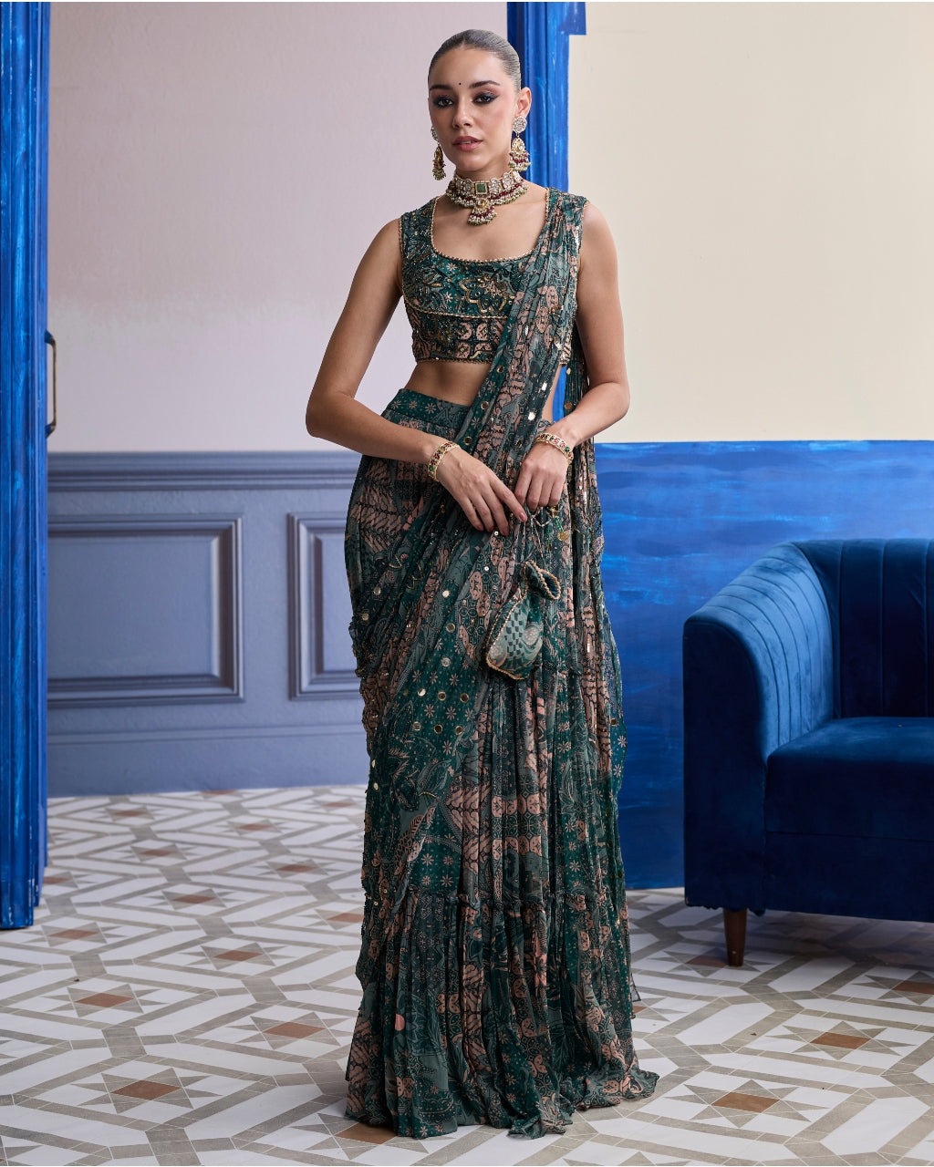 Teal Floral Blouse With Draped Tiered Sari Skirt Set