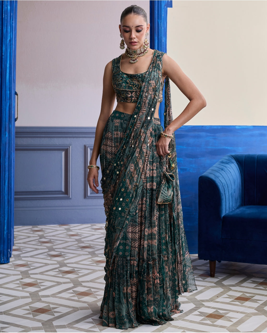 Teal Floral Blouse With Draped Tiered Sari Skirt Set