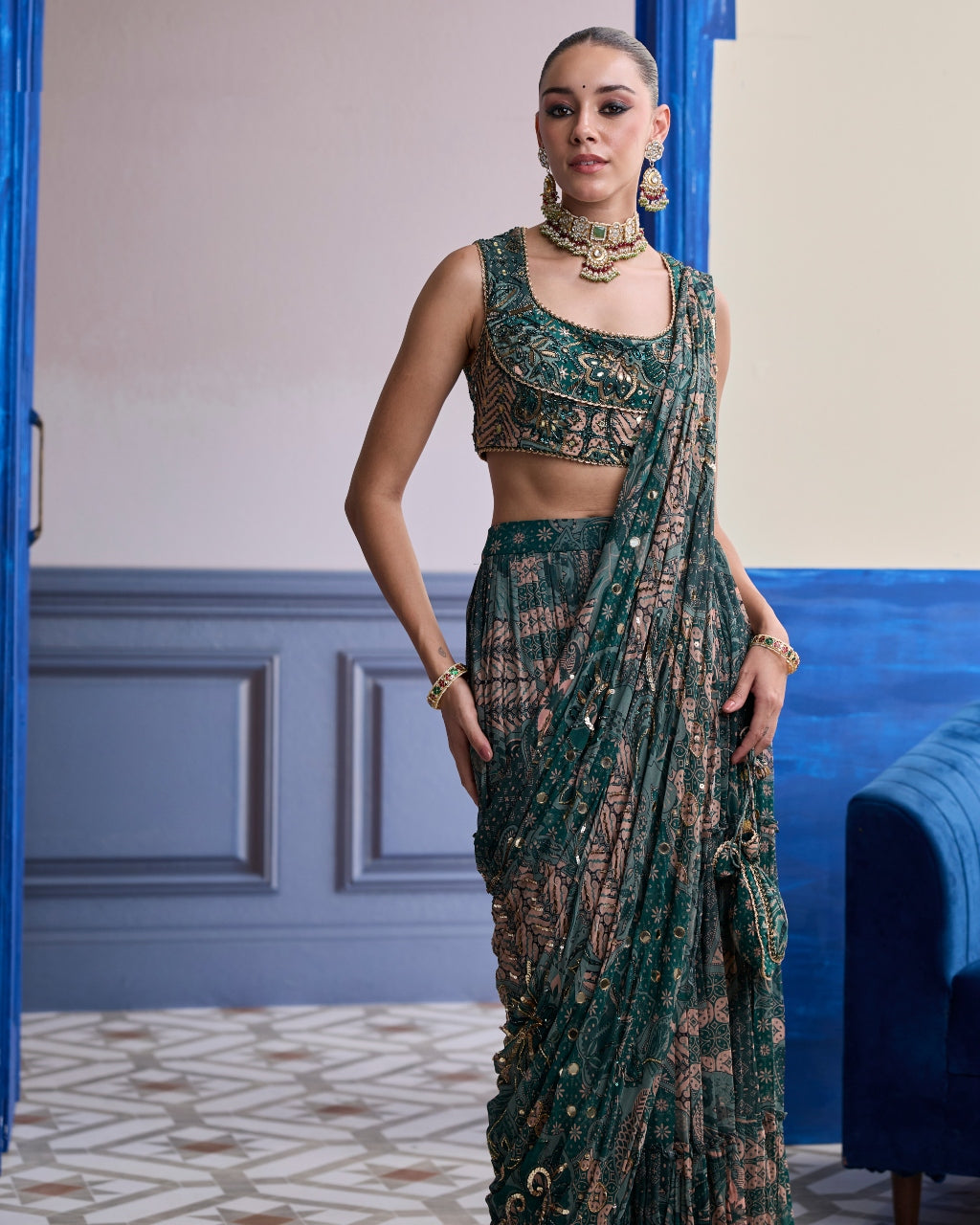 Teal Floral Blouse With Draped Tiered Sari Skirt Set