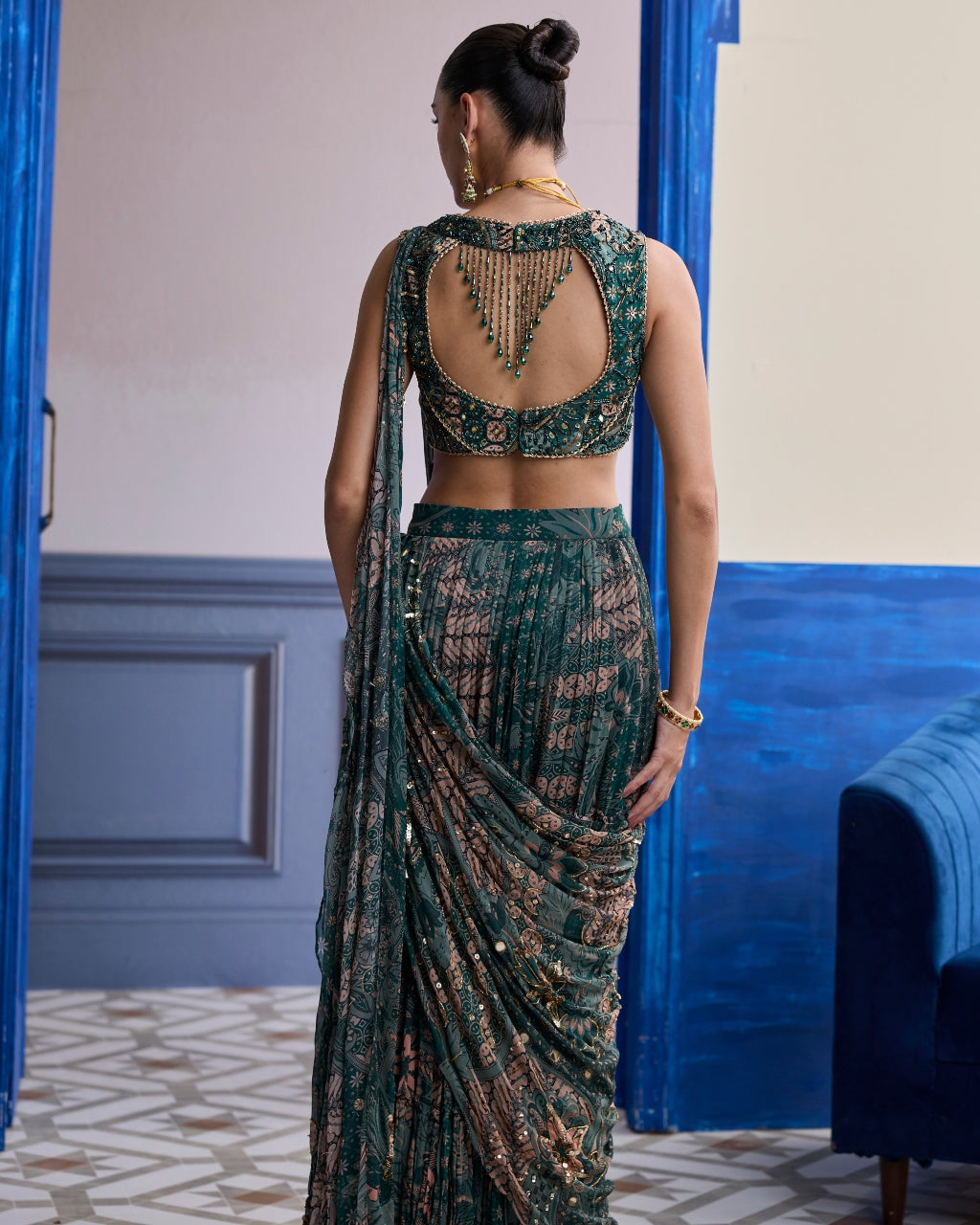 Teal Floral Blouse With Draped Tiered Sari Skirt Set