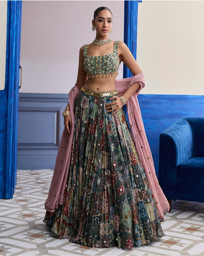 Green Mirror Embroidered Blouse With Forest Green Lehenga & Embroidered Dupatta Set
