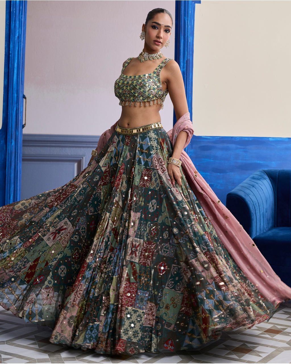 Green Mirror Embroidered Blouse With Forest Green Lehenga & Embroidered Dupatta Set