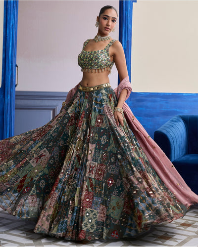 Green Mirror Embroidered Blouse With Forest Green Lehenga & Embroidered Dupatta Set