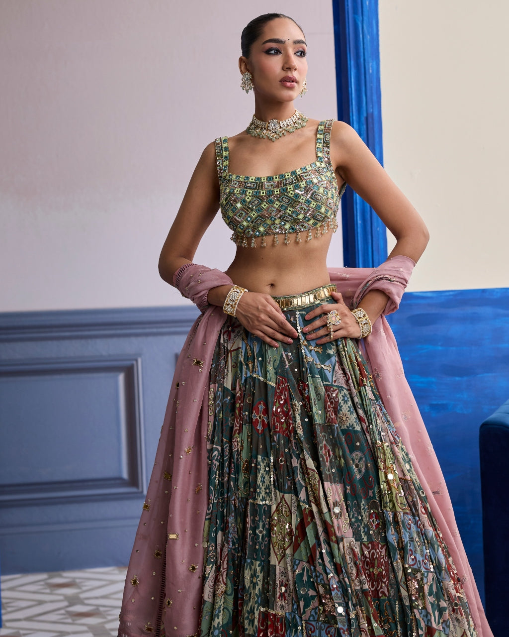 Green Mirror Embroidered Blouse With Forest Green Lehenga & Embroidered Dupatta Set