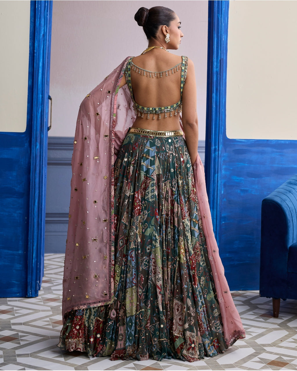 Green Mirror Embroidered Blouse With Forest Green Lehenga & Embroidered Dupatta Set