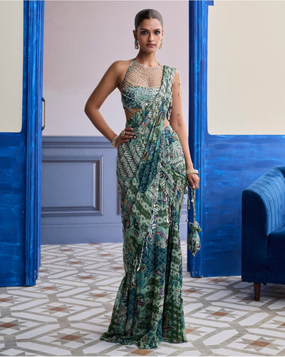 Jeweled Green Floral Blouse With Slit Sari & Tassel Drape Set