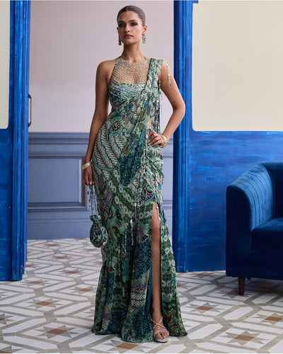 Jeweled Green Floral Blouse With Slit Sari & Tassel Drape Set