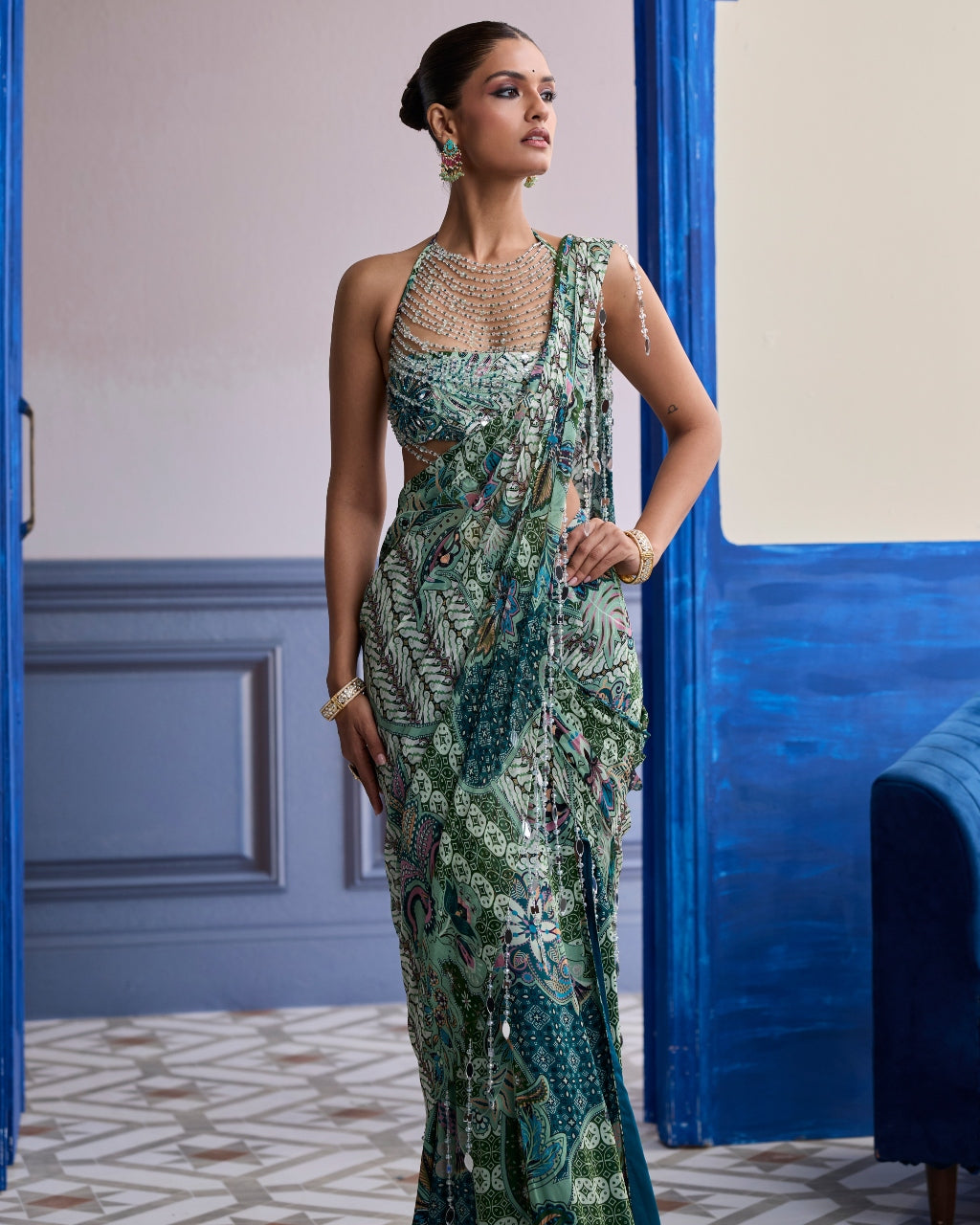 Jeweled Green Floral Blouse With Slit Sari & Tassel Drape Set