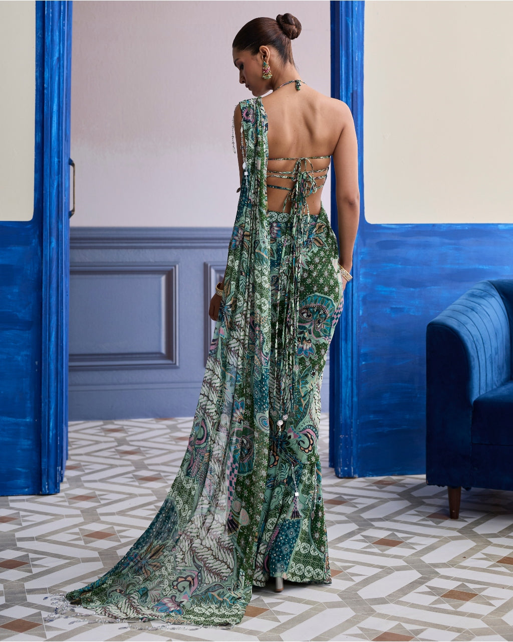 Jeweled Green Floral Blouse With Slit Sari & Tassel Drape Set
