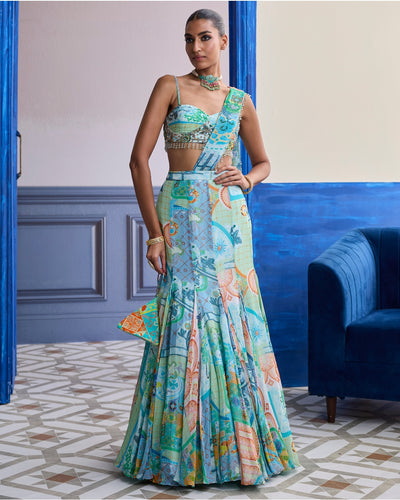 Aqua Blue Mosaic Ruched Blouse With Draped Mermaid Sari Set