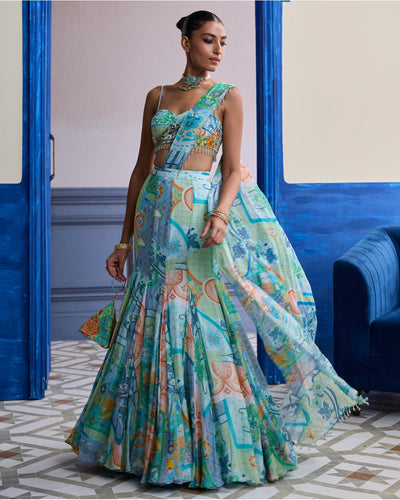 Aqua Blue Mosaic Ruched Blouse With Draped Mermaid Sari Set