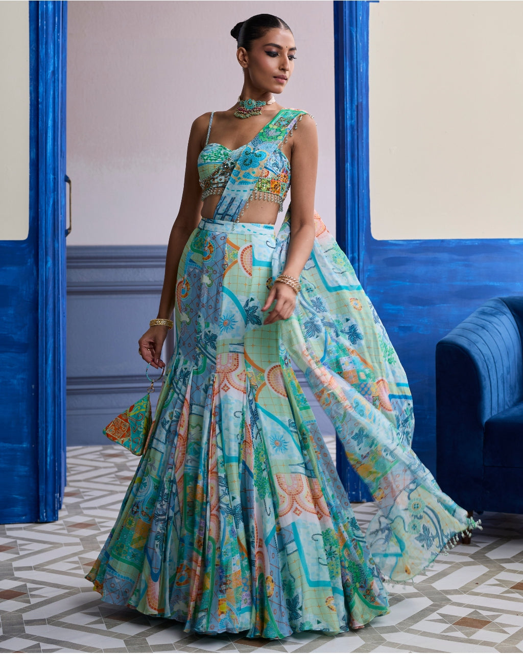 Aqua Blue Mosaic Ruched Blouse With Draped Mermaid Sari Set
