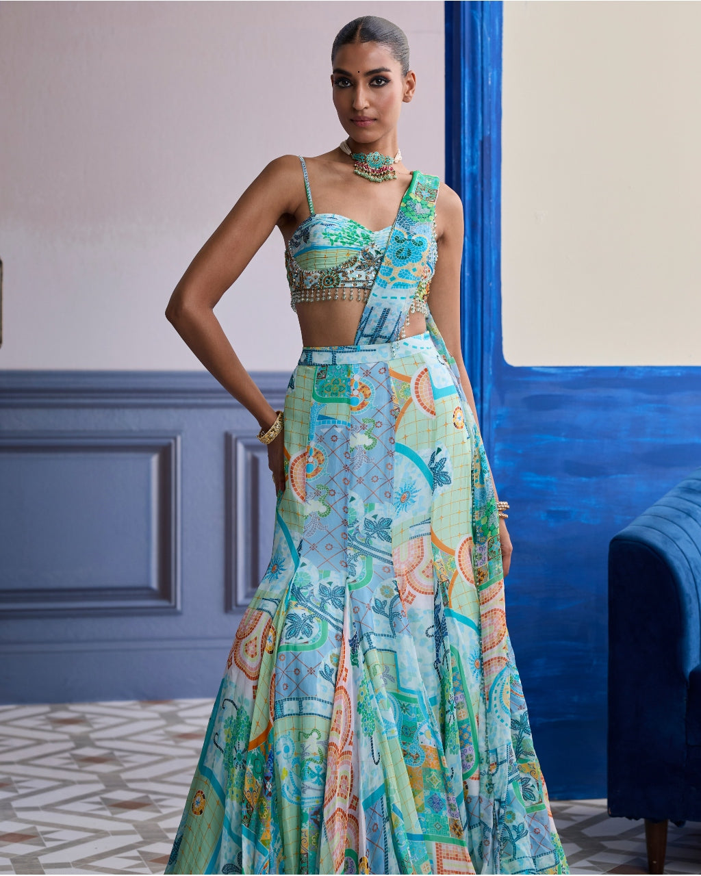 Aqua Blue Mosaic Ruched Blouse With Draped Mermaid Sari Set
