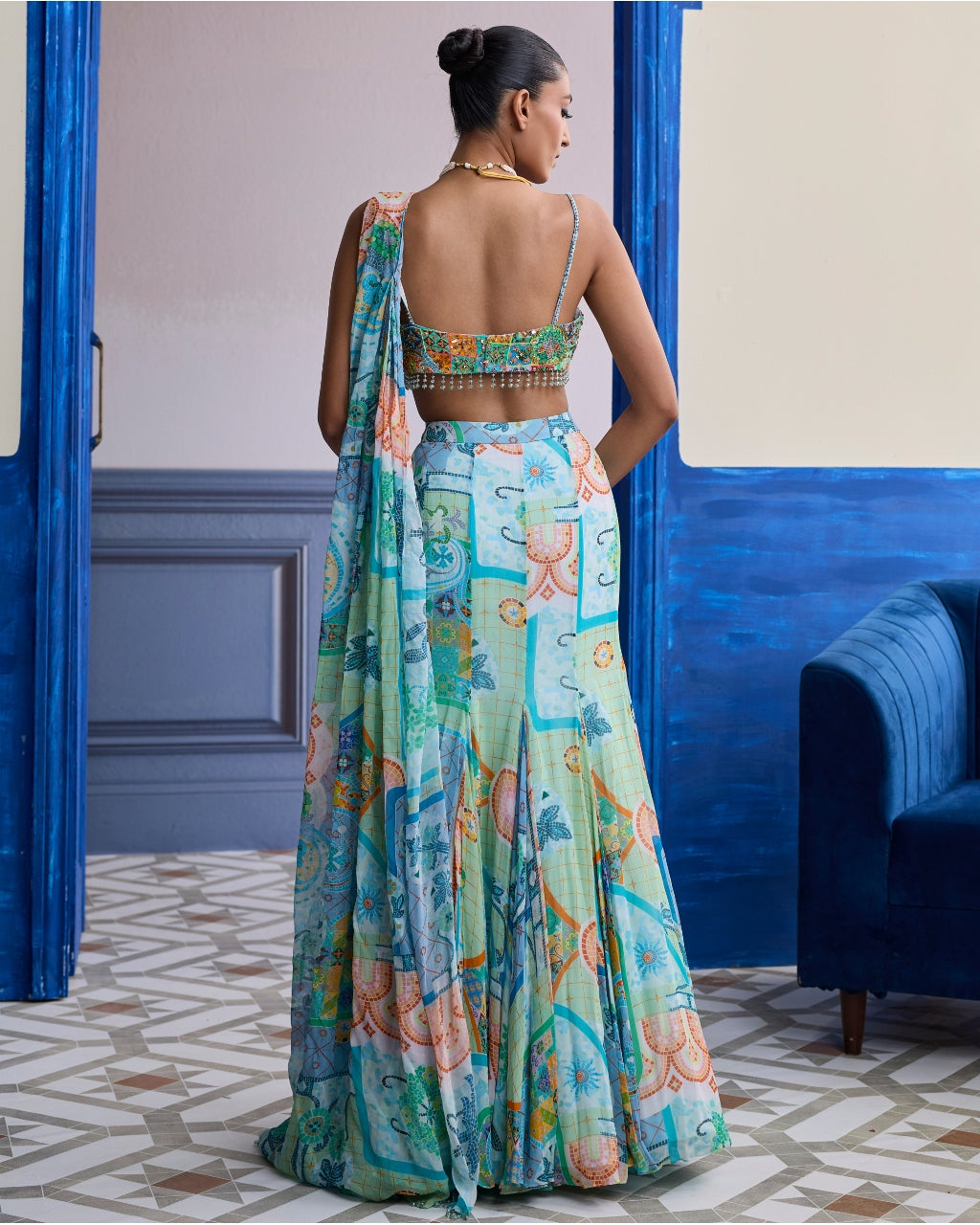Aqua Blue Mosaic Ruched Blouse With Draped Mermaid Sari Set