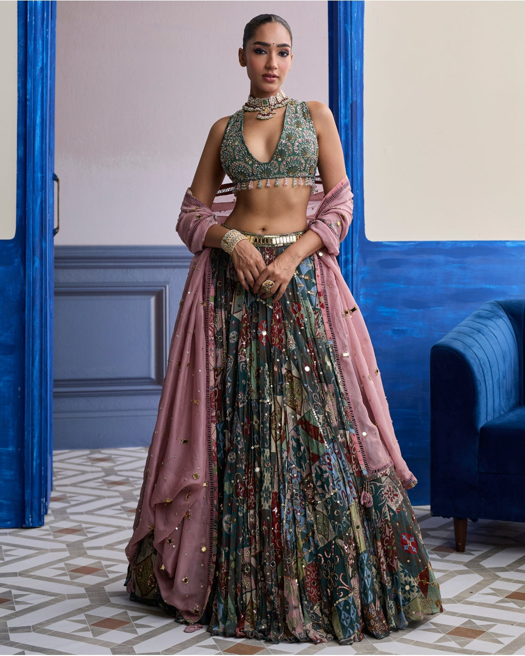 Forest Green Butta Blouse With Highlighted Lehenga & Embroidered Dupatta Set