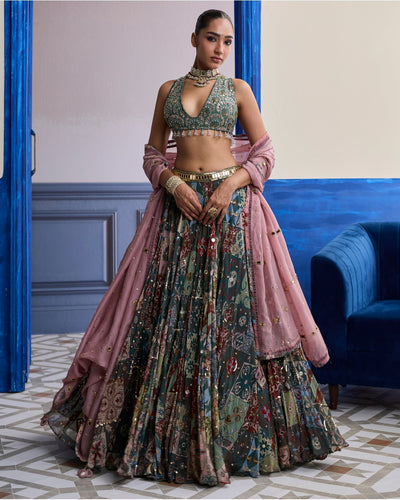 Forest Green Butta Blouse With Highlighted Lehenga & Embroidered Dupatta Set