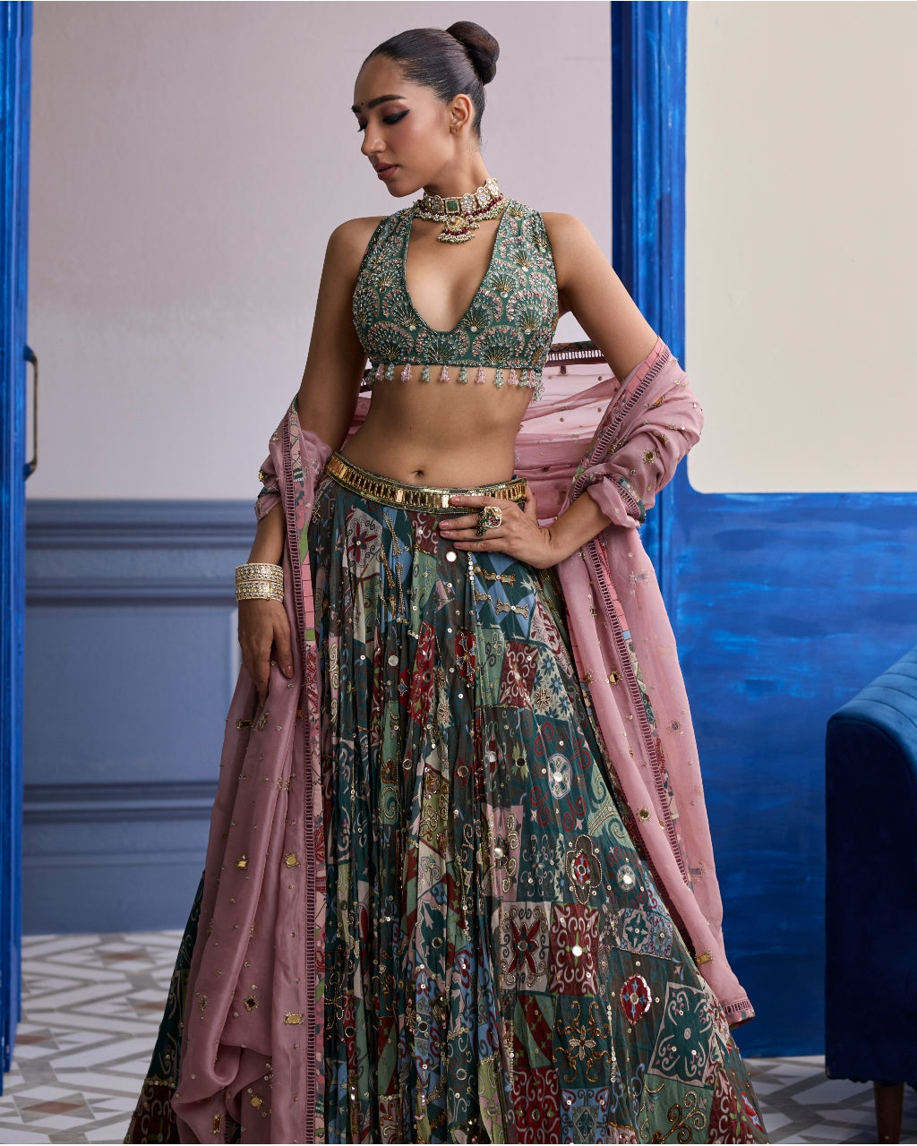 Forest Green Butta Blouse With Highlighted Lehenga & Embroidered Dupatta Set