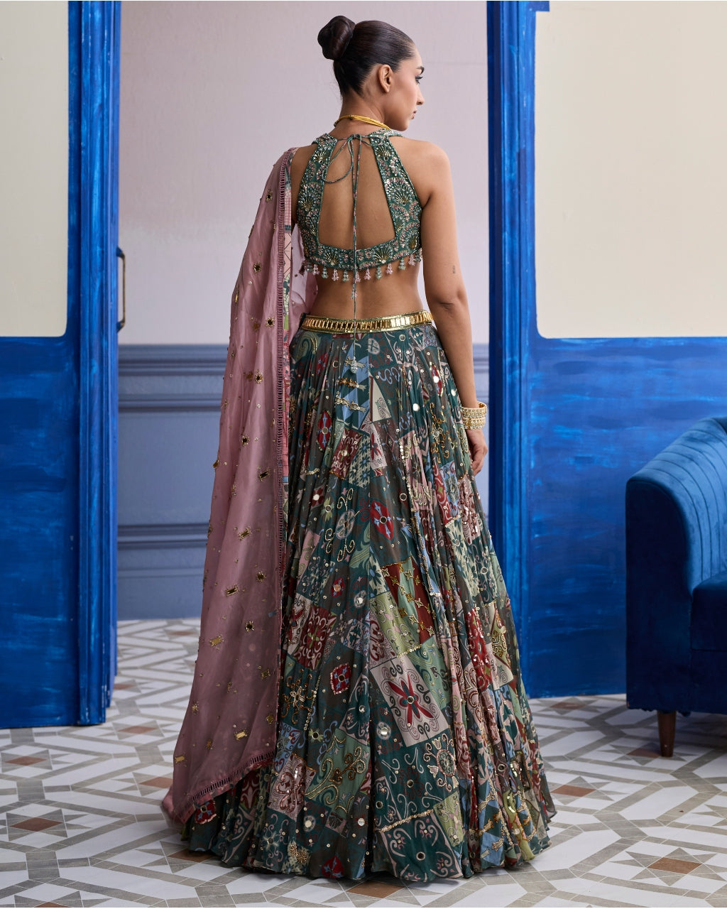 Forest Green Butta Blouse With Highlighted Lehenga & Embroidered Dupatta Set