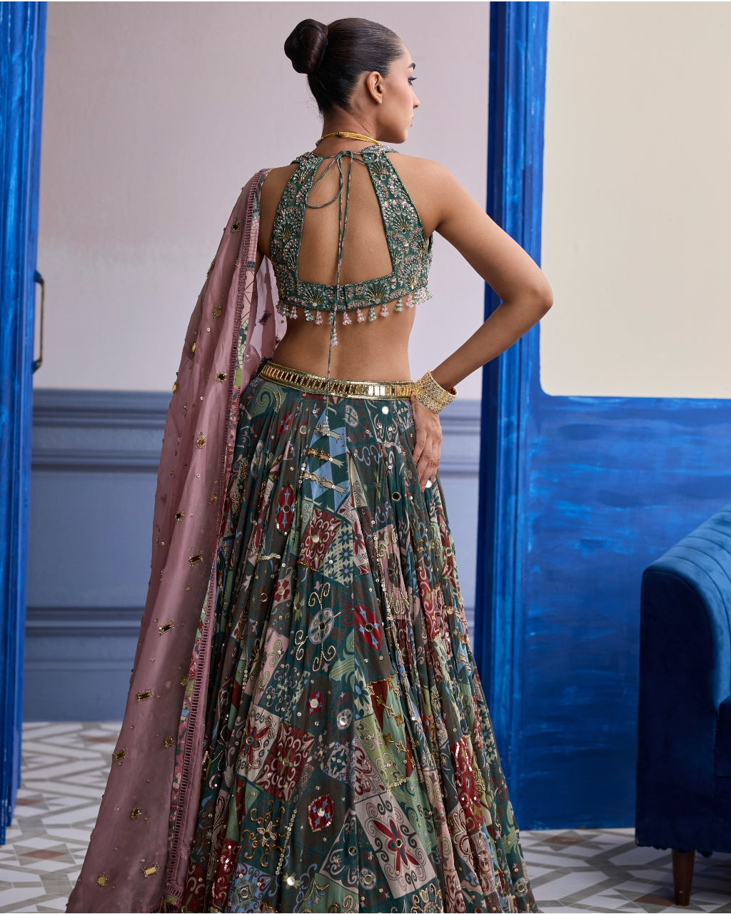 Forest Green Butta Blouse With Highlighted Lehenga & Embroidered Dupatta Set