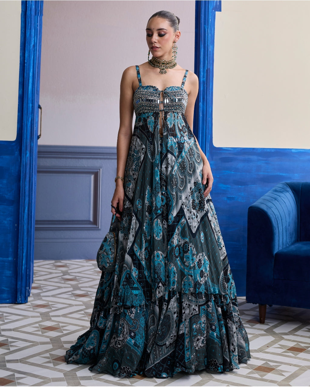 Teal & Black Mosaic Tunic Blouse With Printed Lehenga Set