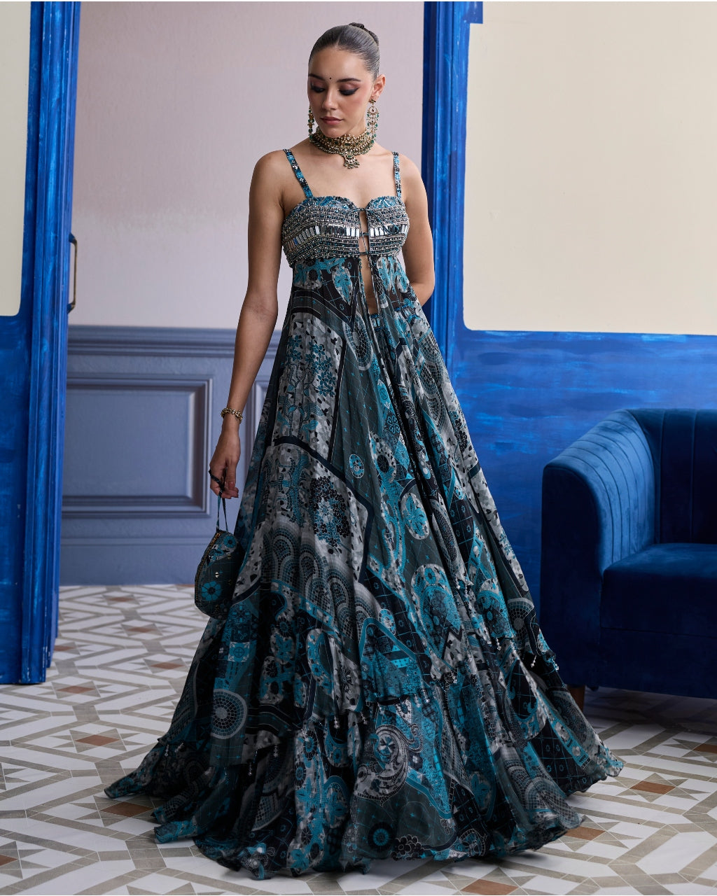 Teal & Black Mosaic Tunic Blouse With Printed Lehenga Set