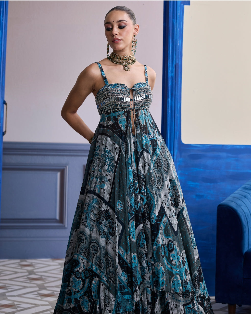 Teal & Black Mosaic Tunic Blouse With Printed Lehenga Set