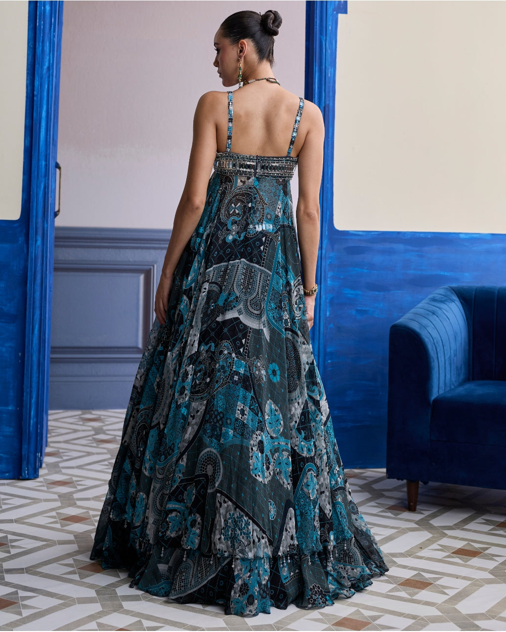 Teal & Black Mosaic Tunic Blouse With Printed Lehenga Set
