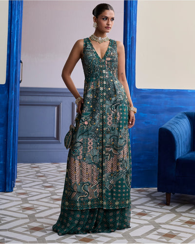 Teal Floral V-Neck Structured Kurti With Flared Pants Set