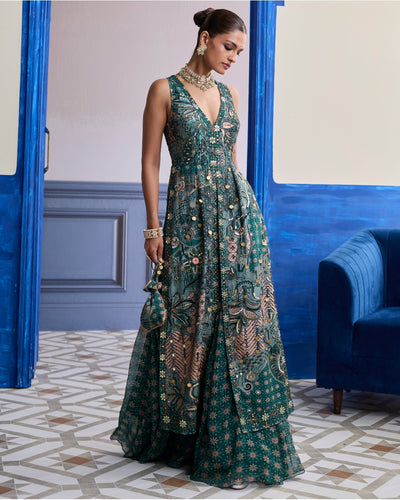 Teal Floral V-Neck Structured Kurti With Flared Pants Set