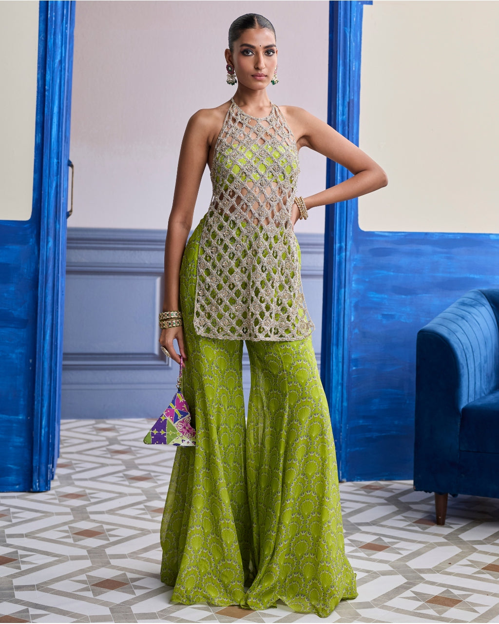 Neon Green Printed Bustier With Bell-Bottoms & Embroidered Cutwork Kurti Set