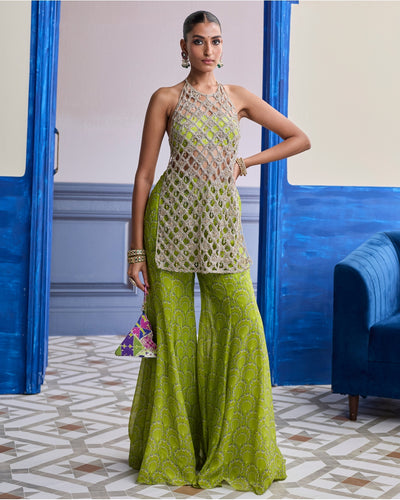 Neon Green Printed Bustier With Bell-Bottoms & Embroidered Cutwork Kurti Set