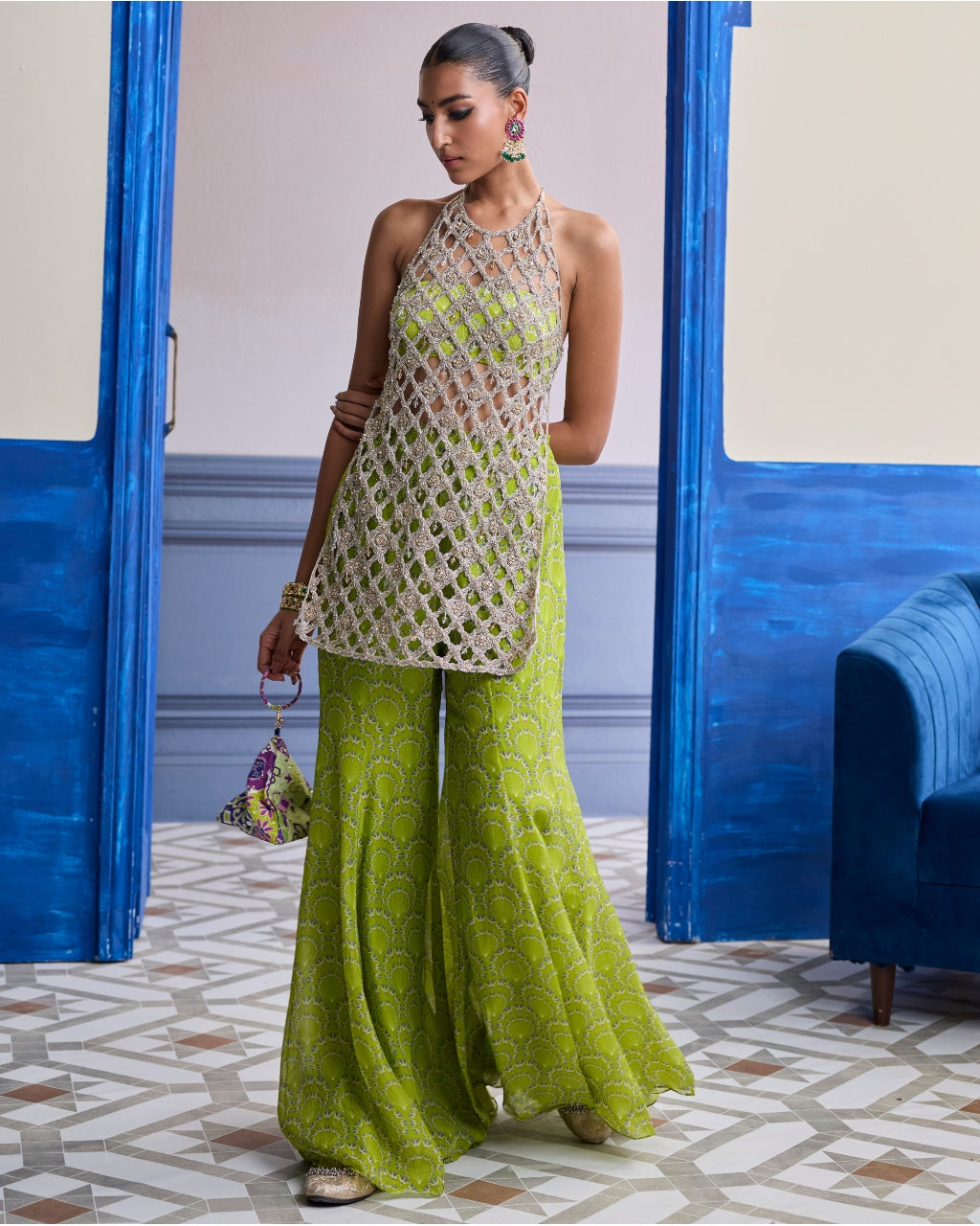 Neon Green Printed Bustier With Bell-Bottoms & Embroidered Cutwork Kurti Set