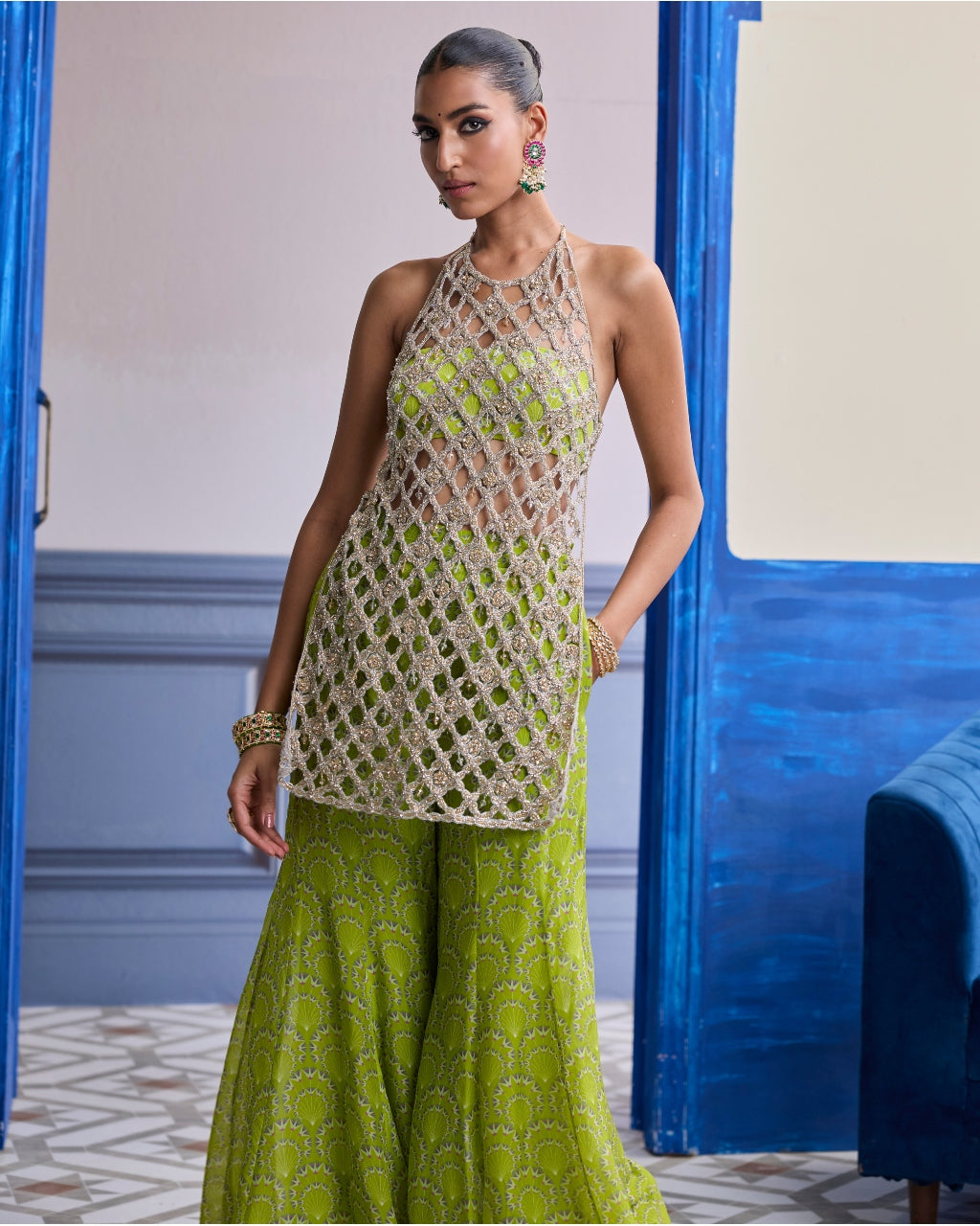 Neon Green Printed Bustier With Bell-Bottoms & Embroidered Cutwork Kurti Set