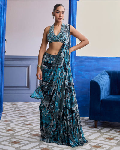 Teal Mosaic Halter Blouse With Tiered Skirt Sari Set