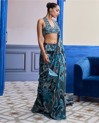 Teal Mosaic Halter Blouse With Tiered Skirt Sari Set